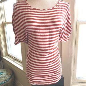 Burnt orange and White striped Open Sleeve Crew neck tee Sz S 3/$15